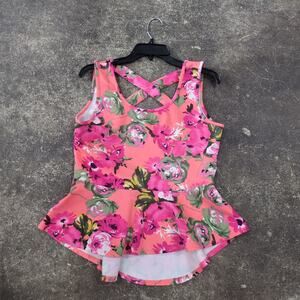 Tovia Peplum Tank Top Womens XL Pink Floral Criss Cross Back Baby Doll USA